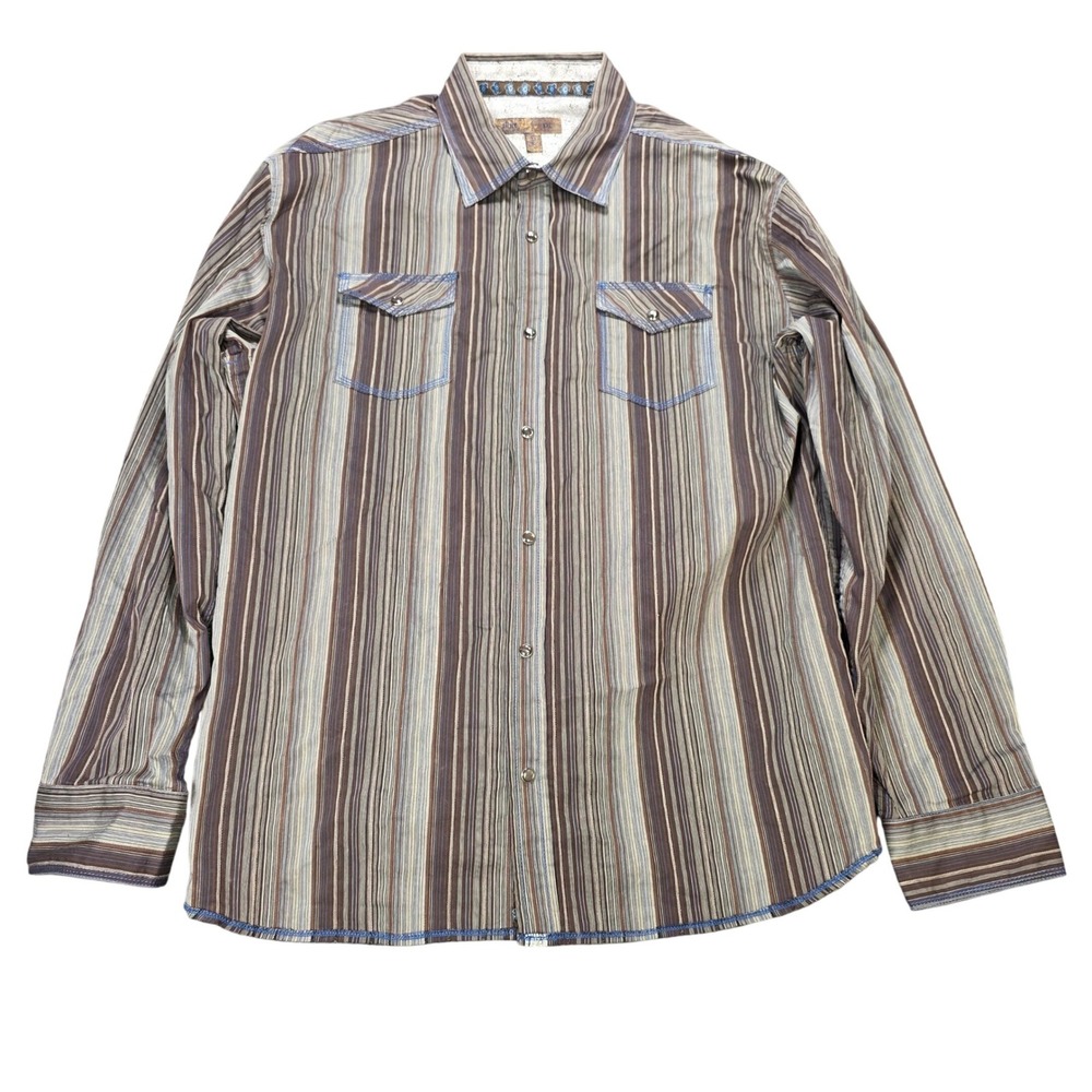 Blue Pronto Uomo‎ Western Snap Front Shirt Men's XXL Brown Striped Long Sleeve